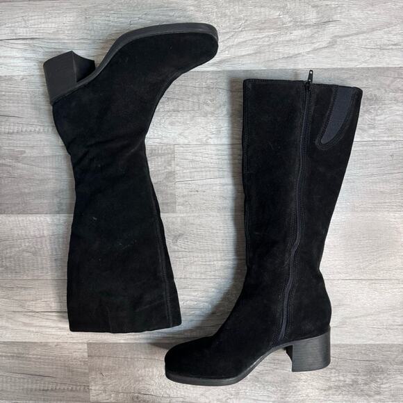 Bernardo Black Suede Knee High Boots Y2K Block Heel Size 6 1/2 Minimalist Fall - Picture 2 of 9